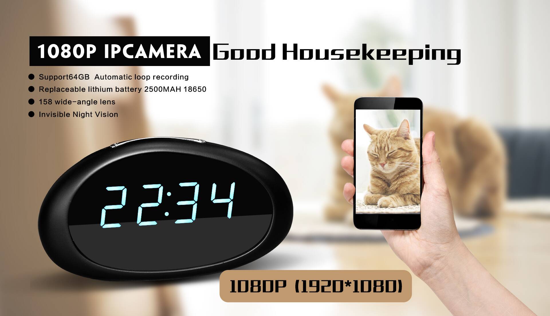 WF-B108 Multi-function Home Security Wifi 1080P Video Camera Clock